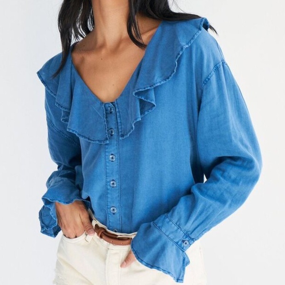 Free People Blue Ruffled Blouse